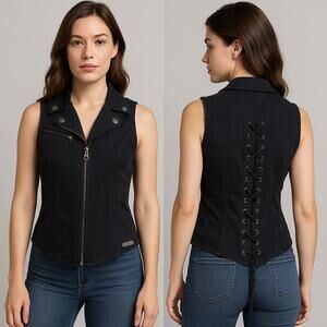 Harley-Davidson Women’s Black Denim Vest Lace Up Corset Back Biker Zip Medium